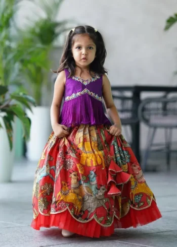 Chinon Silk Sequins Embroidered Kalamkari Lehenga for Kids Girls