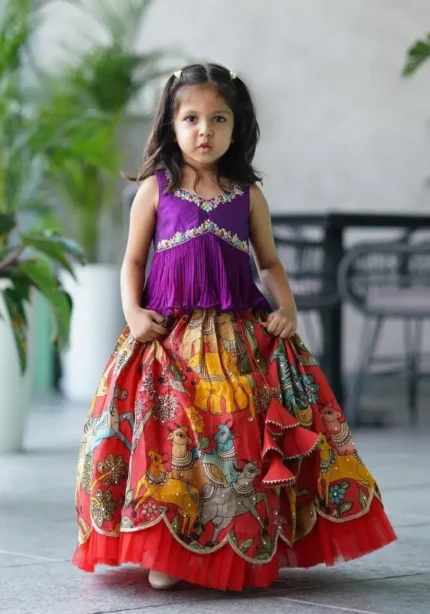 Chinon Silk Sequins Embroidered Kalamkari Lehenga for Kids Girls