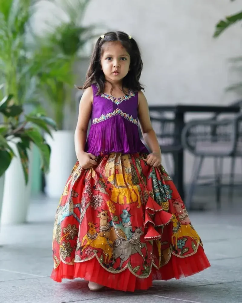 Chinon Silk Sequins Embroidered Kalamkari Lehenga for Kids Girls