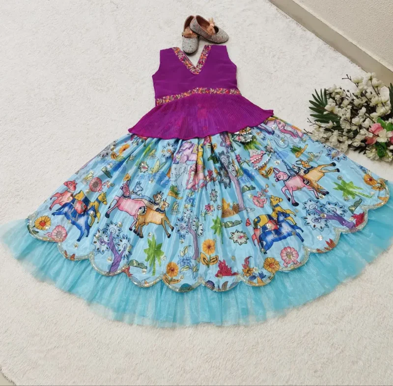 Chinon Silk Sequins Embroidered Kalamkari Lehenga for Kids Girls