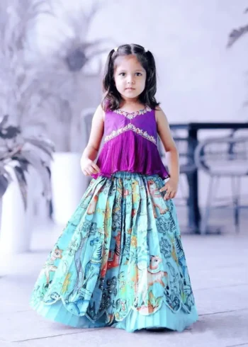 Chinon Silk Sequins Embroidered Kalamkari Lehenga for Kids Girls
