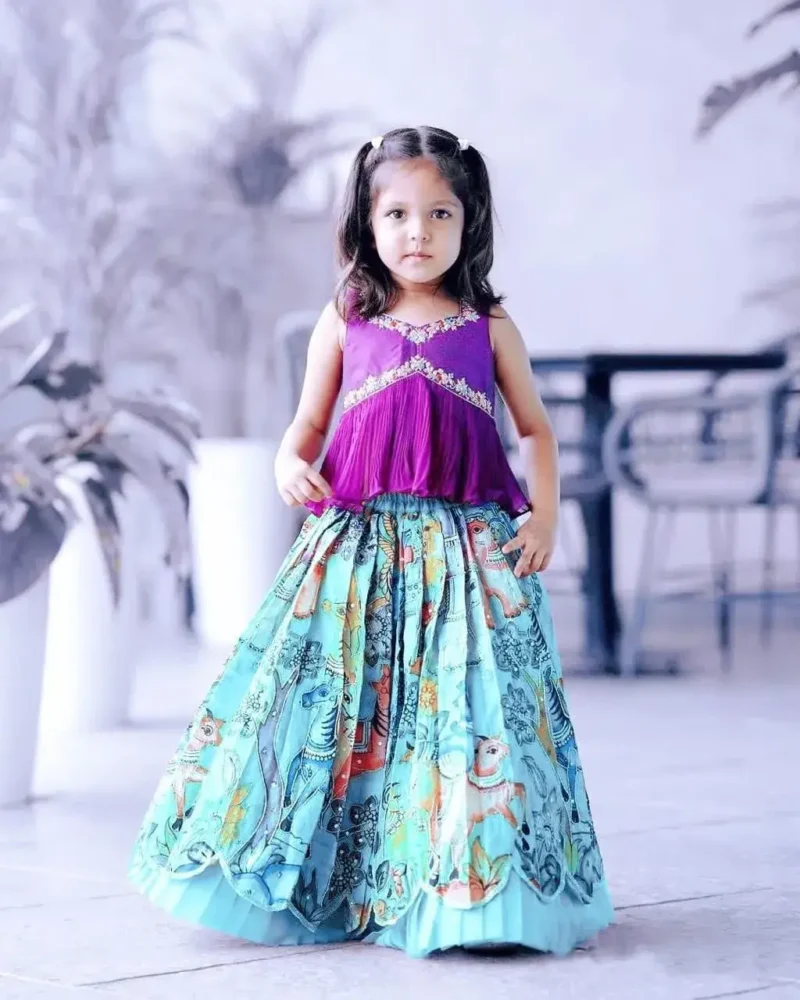 Chinon Silk Sequins Embroidered Kalamkari Lehenga for Kids Girls