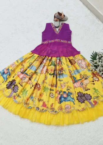 Chinon Silk Sequins Embroidered Kalamkari Lehenga for Kids Girls