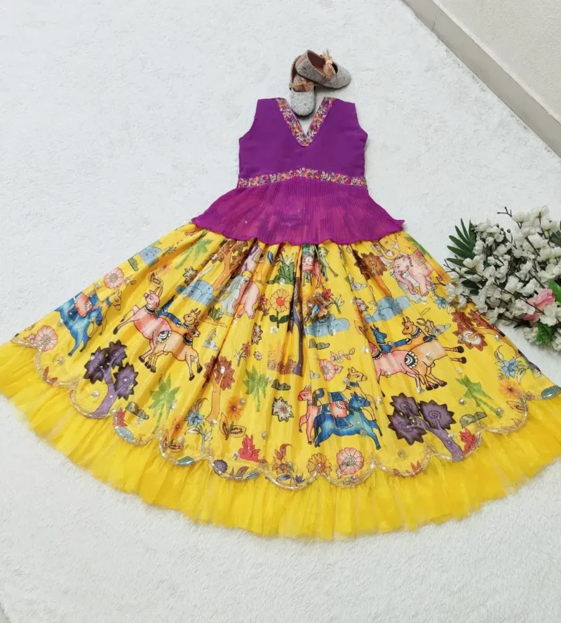 Chinon Silk Sequins Embroidered Kalamkari Lehenga for Kids Girls