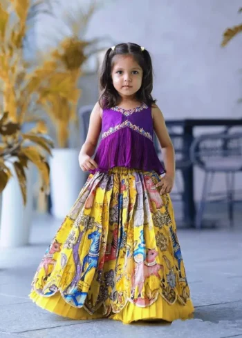 Chinon Silk Sequins Embroidered Kalamkari Lehenga for Kids Girls