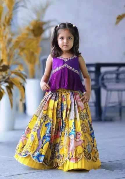 Chinon Silk Sequins Embroidered Kalamkari Lehenga for Kids Girls