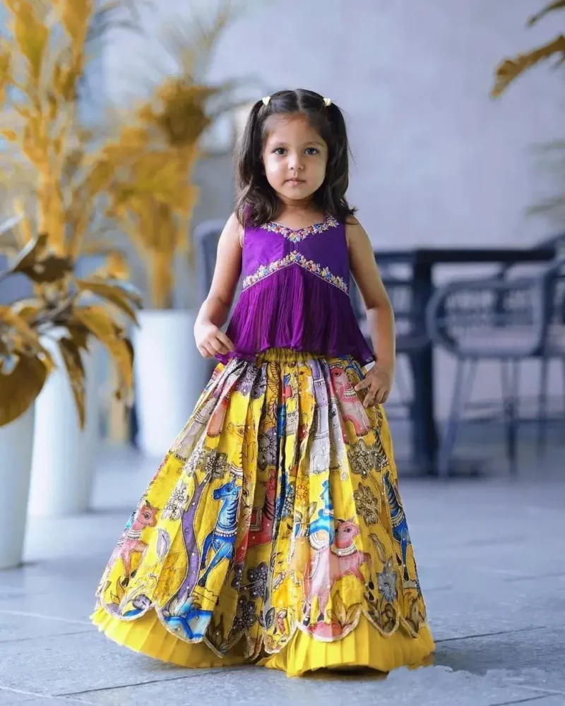 Chinon Silk Sequins Embroidered Kalamkari Lehenga for Kids Girls