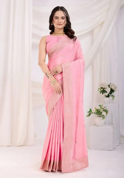 Chinon Silk Zari Embroidery Work Wedding Party Wear Saree