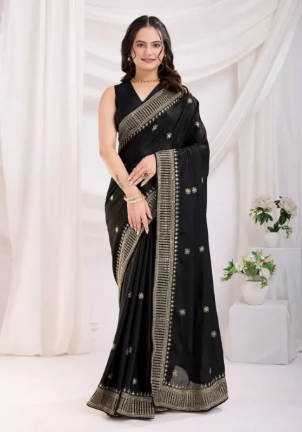 Chinon Silk Zari Embroidery Work Wedding Party Wear Saree