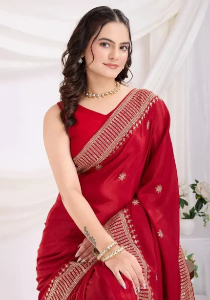 Chinon Silk Zari Embroidery Work Wedding Party Wear Saree