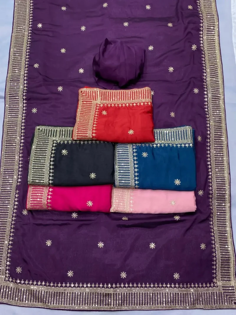 Chinon Silk Zari Embroidery Work Wedding Party Wear Saree