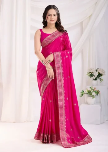 Chinon Silk Zari Embroidery Work Wedding Party Wear Saree