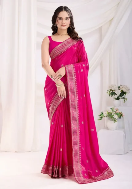 Chinon Silk Zari Embroidery Work Wedding Party Wear Saree