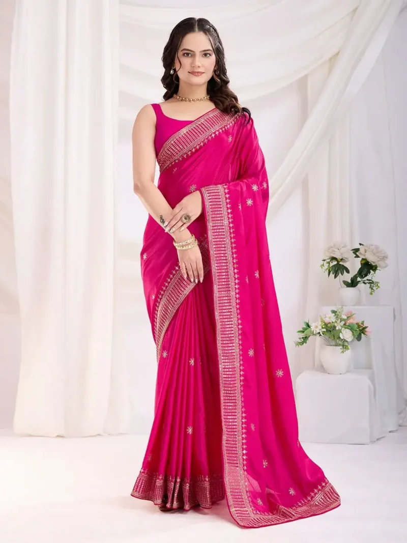 Chinon Silk Zari Embroidery Work Wedding Party Wear Saree