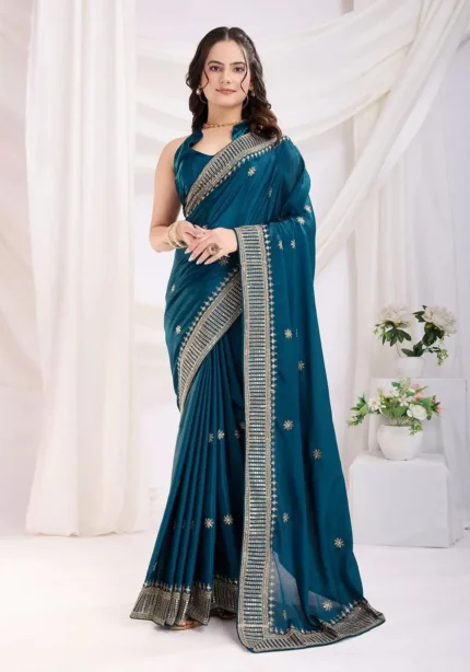 Chinon Silk Zari Embroidery Work Wedding Party Wear Saree