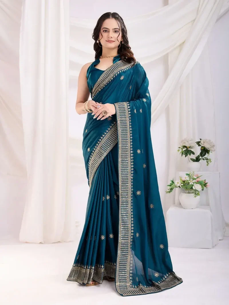 Chinon Silk Zari Embroidery Work Wedding Party Wear Saree