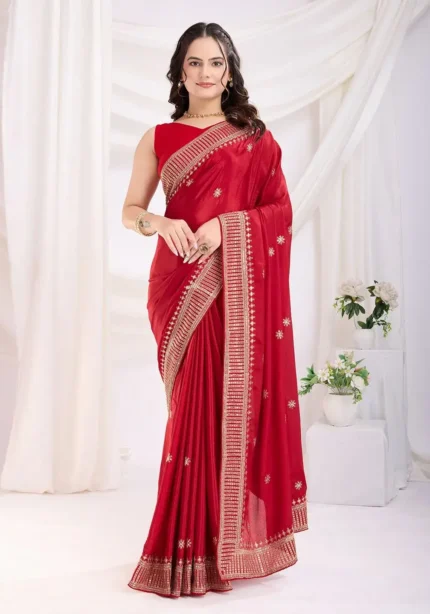 Chinon Silk Zari Embroidery Work Wedding Party Wear Saree