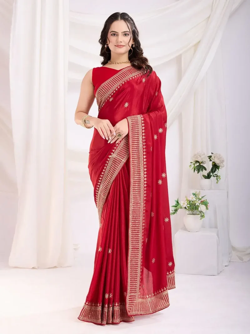 Chinon Silk Zari Embroidery Work Wedding Party Wear Saree