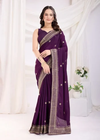 Chinon Silk Zari Embroidery Work Wedding Party Wear Saree