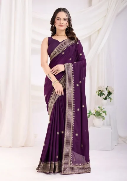 Chinon Silk Zari Embroidery Work Wedding Party Wear Saree