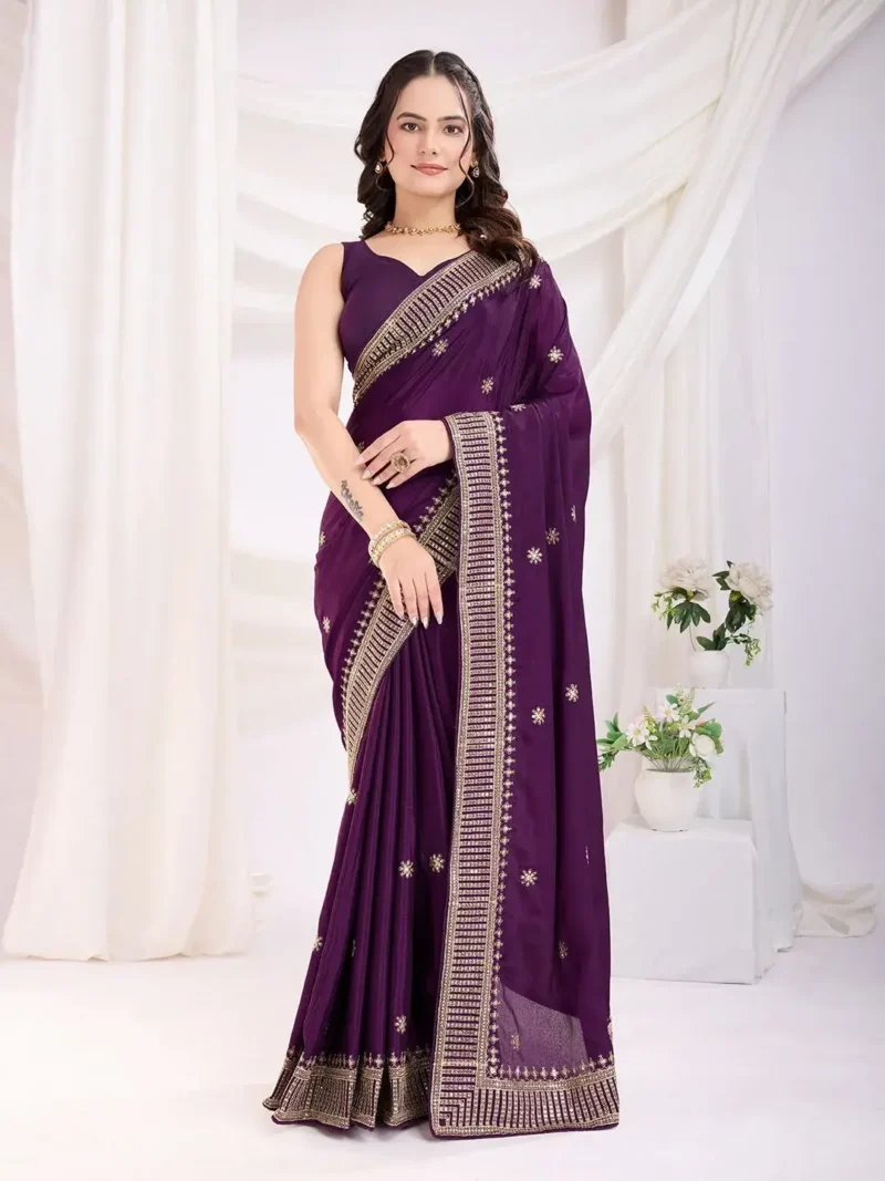 Chinon Silk Zari Embroidery Work Wedding Party Wear Saree