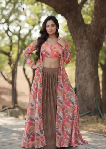 Crush Pleating Western Style Faux Georgette Modern Lehenga with Shrug