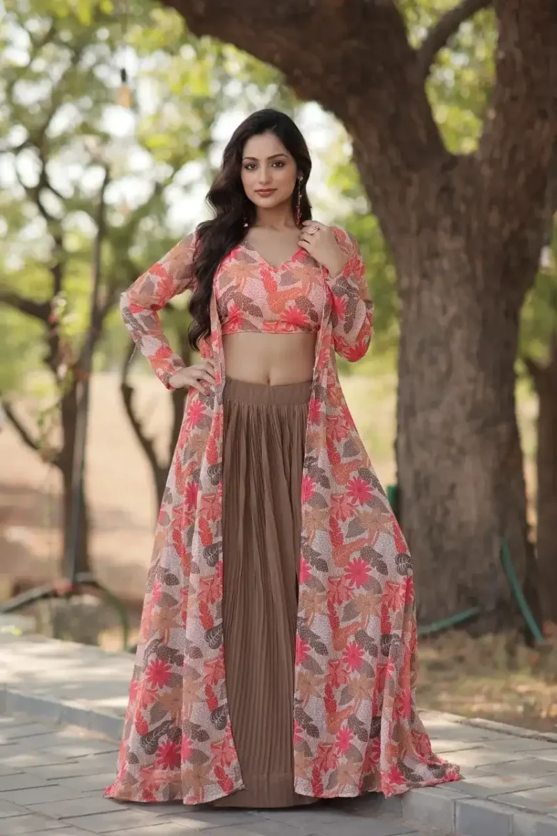 Crush Pleating Western Style Faux Georgette Modern Lehenga with Shrug