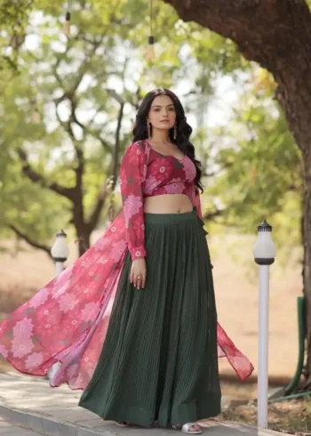 Crush Pleating Western Style Faux Georgette Modern Lehenga with Shrug