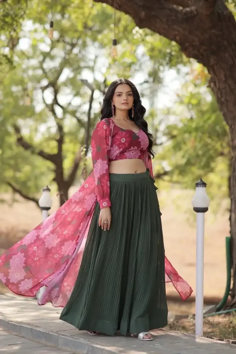 Crush Pleating Western Style Faux Georgette Modern Lehenga with Shrug