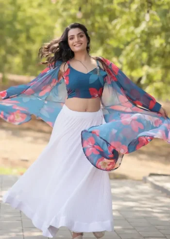 Crush Pleating Western Style Faux Georgette Modern Lehenga with Shrug