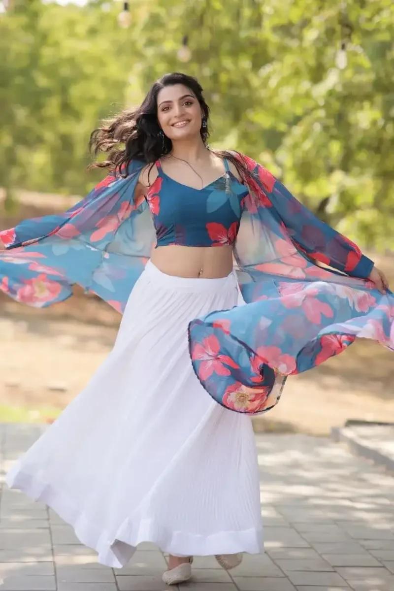 Crush Pleating Western Style Faux Georgette Modern Lehenga with Shrug