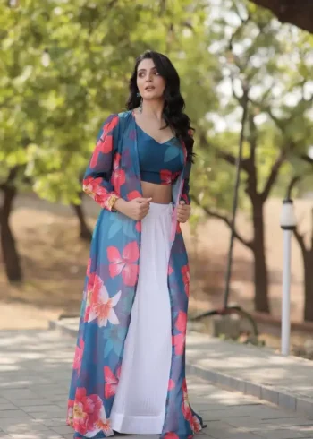 Crush Pleating Western Style Faux Georgette Modern Lehenga with Shrug