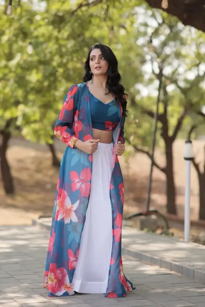 Crush Pleating Western Style Faux Georgette Modern Lehenga with Shrug
