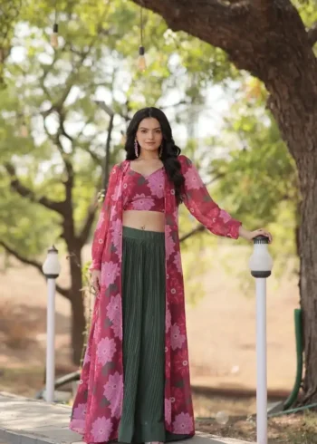 Crush Pleating Western Style Faux Georgette Modern Lehenga with Shrug