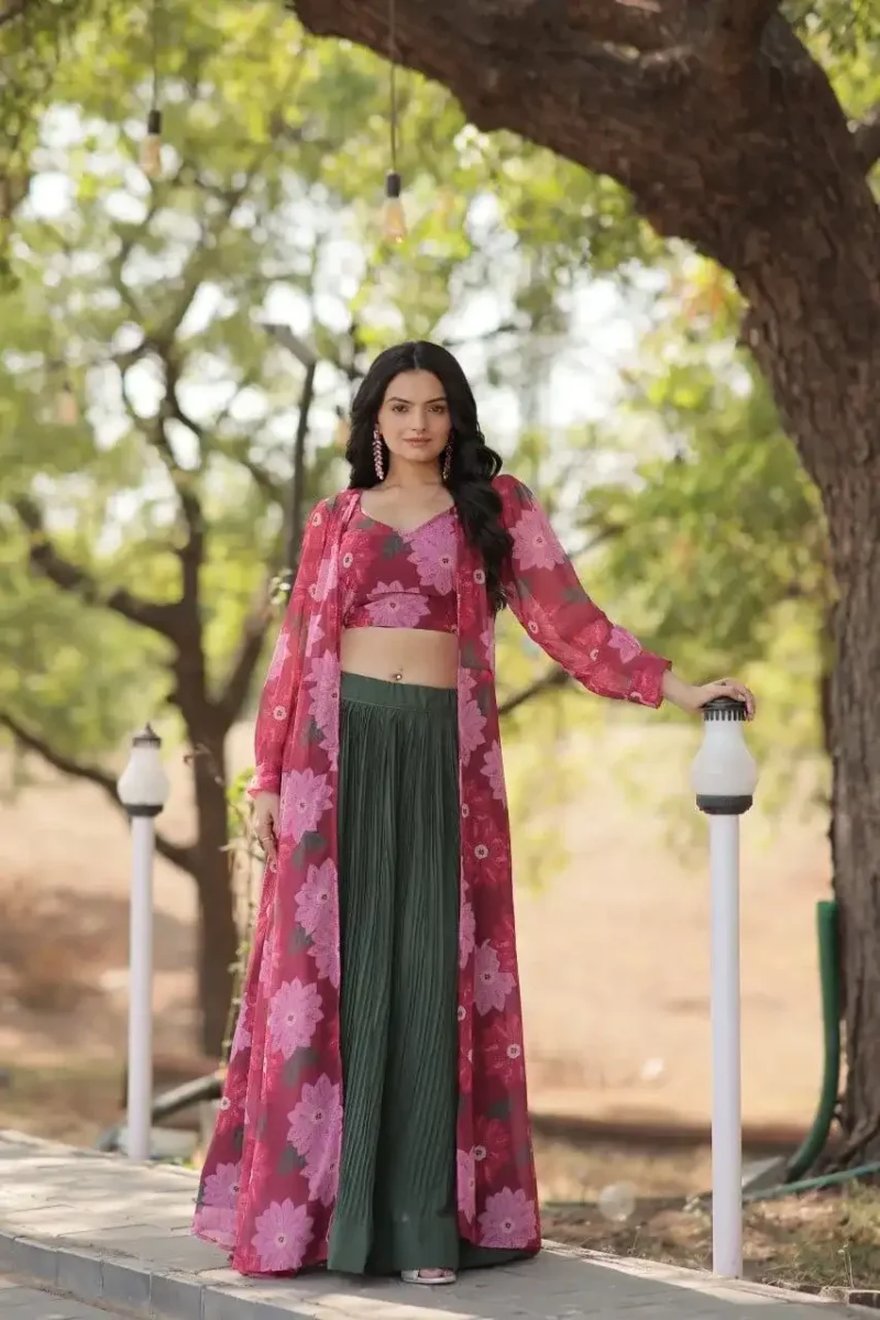 Crush Pleating Western Style Faux Georgette Modern Lehenga with Shrug