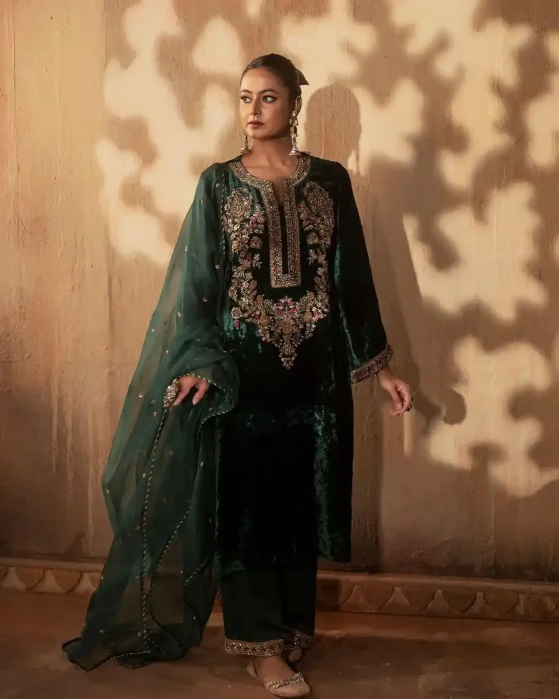 Dark Green Heavy Viscous Velvet Dress for Wedding