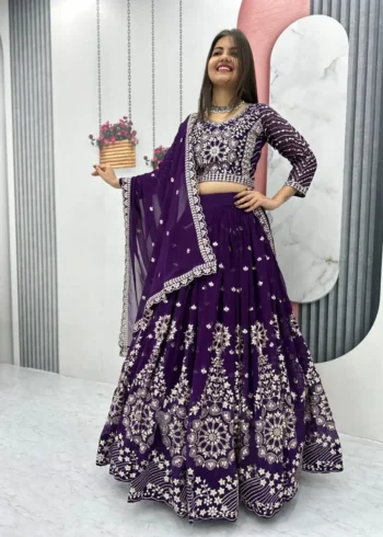Dark Purple Fox Georgette Heavy Embroidery Sequence Work Wedding Lehenga Choli