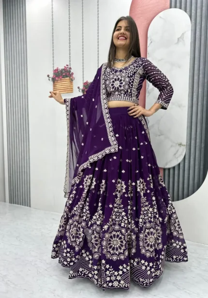 Dark Purple Fox Georgette Heavy Embroidery Sequence Work Wedding Lehenga Choli