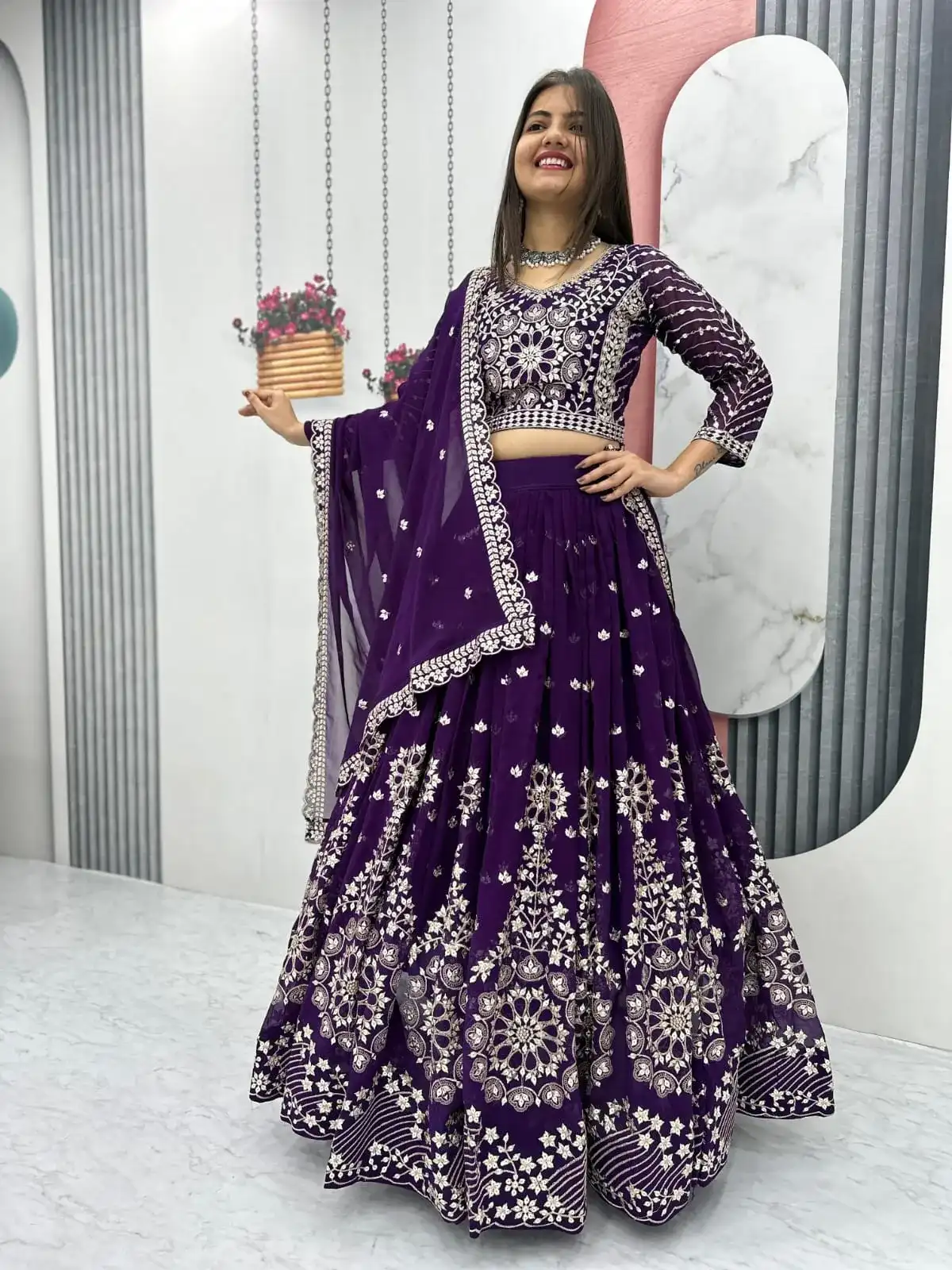 Dark Purple Fox Georgette Heavy Embroidery Sequence Work Wedding Lehenga Choli