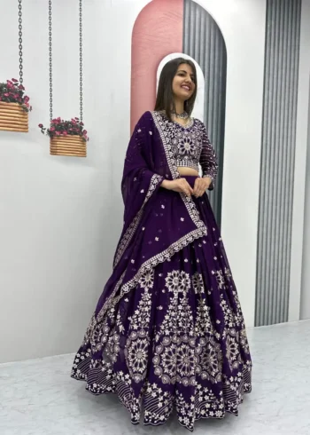 Dark Purple Fox Georgette Heavy Embroidery Sequence Work Wedding Lehenga Choli