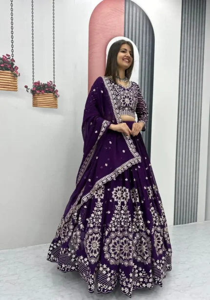 Dark Purple Fox Georgette Heavy Embroidery Sequence Work Wedding Lehenga Choli