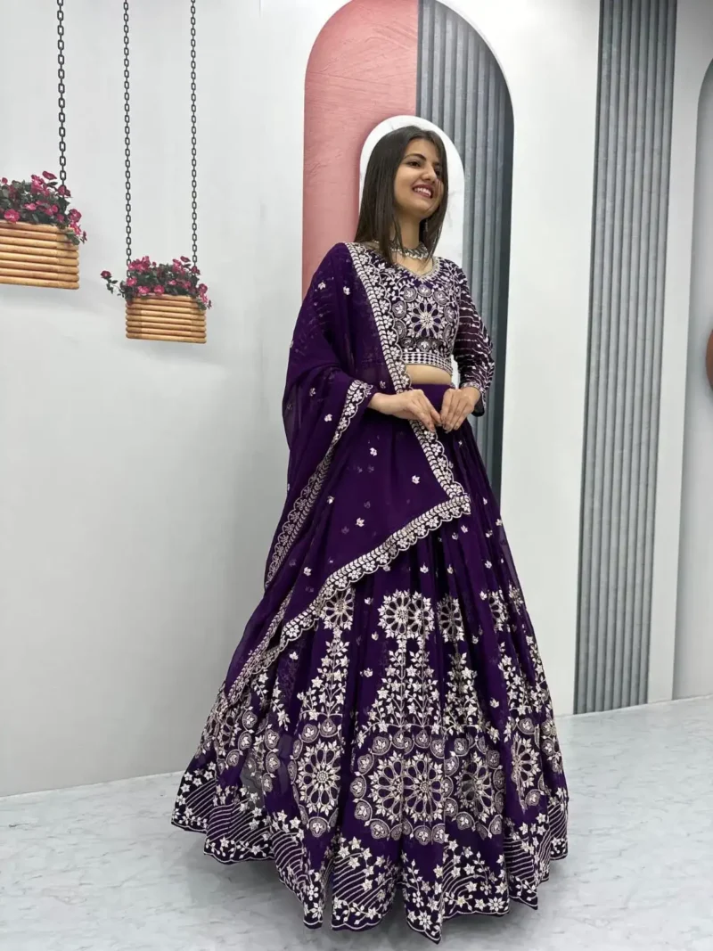 Dark Purple Fox Georgette Heavy Embroidery Sequence Work Wedding Lehenga Choli