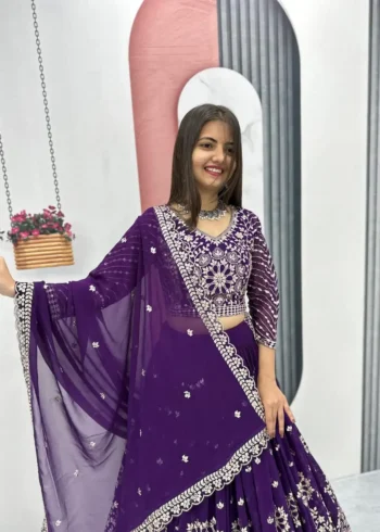 Dark Purple Fox Georgette Heavy Embroidery Sequence Work Wedding Lehenga Choli