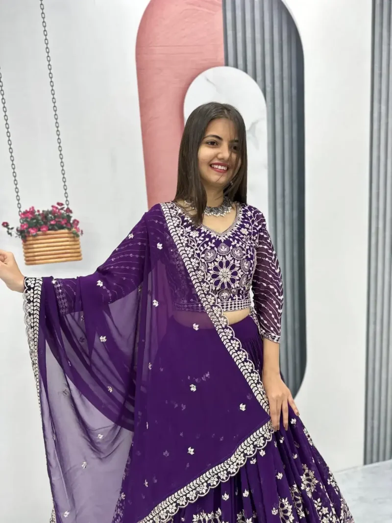 Dark Purple Fox Georgette Heavy Embroidery Sequence Work Wedding Lehenga Choli
