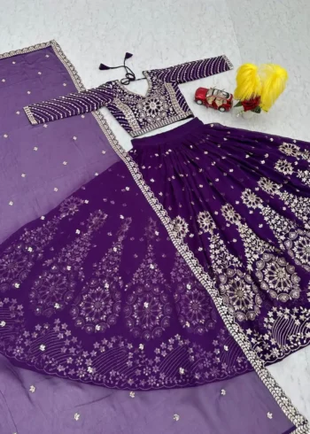 Dark Purple Fox Georgette Heavy Embroidery Sequence Work Wedding Lehenga Choli