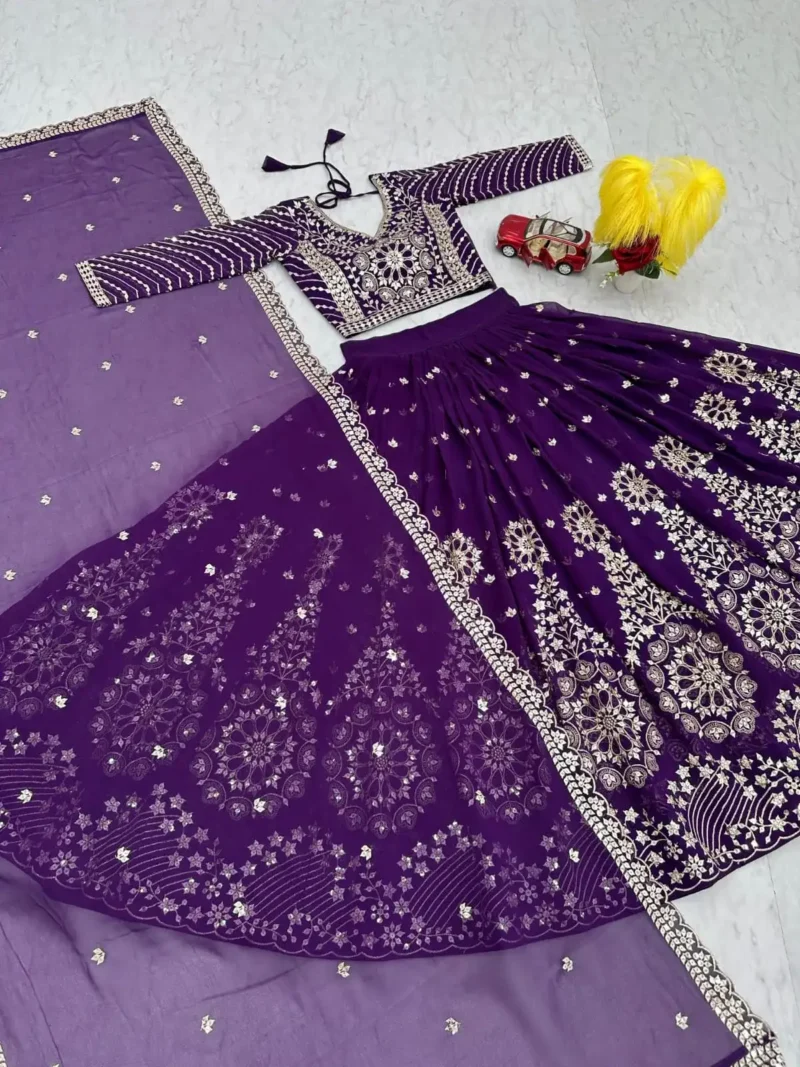 Dark Purple Fox Georgette Heavy Embroidery Sequence Work Wedding Lehenga Choli