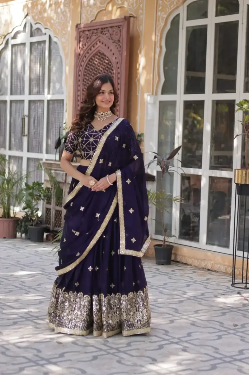 Dark Purple Heavy Sequins & Thread Embroidered Rangoli Silk Wedding Lehenga Choli
