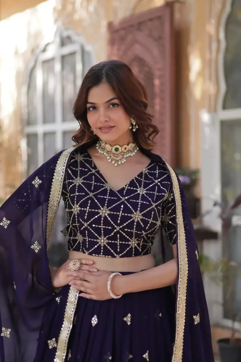 Dark Purple Heavy Sequins & Thread Embroidered Rangoli Silk Wedding Lehenga Choli