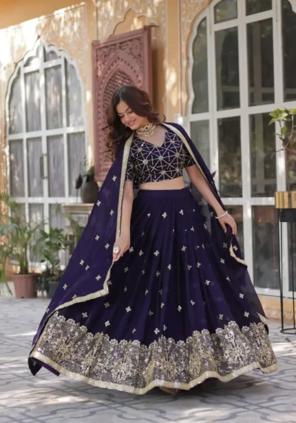 Dark Purple Heavy Sequins & Thread Embroidered Rangoli Silk Wedding Lehenga Choli