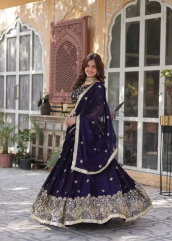 Dark Purple Heavy Sequins & Thread Embroidered Rangoli Silk Wedding Lehenga Choli